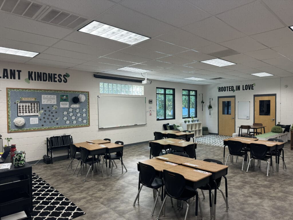 Classroom with tables and chairs
